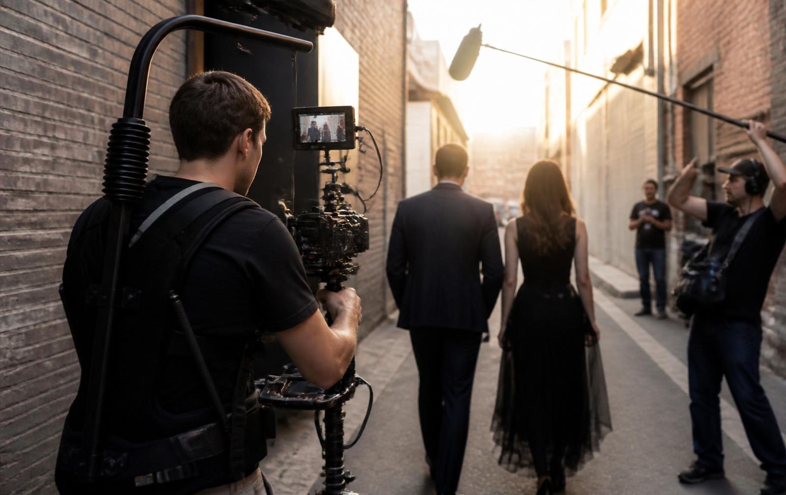 Steadicam operator following actors through a sunlit alley